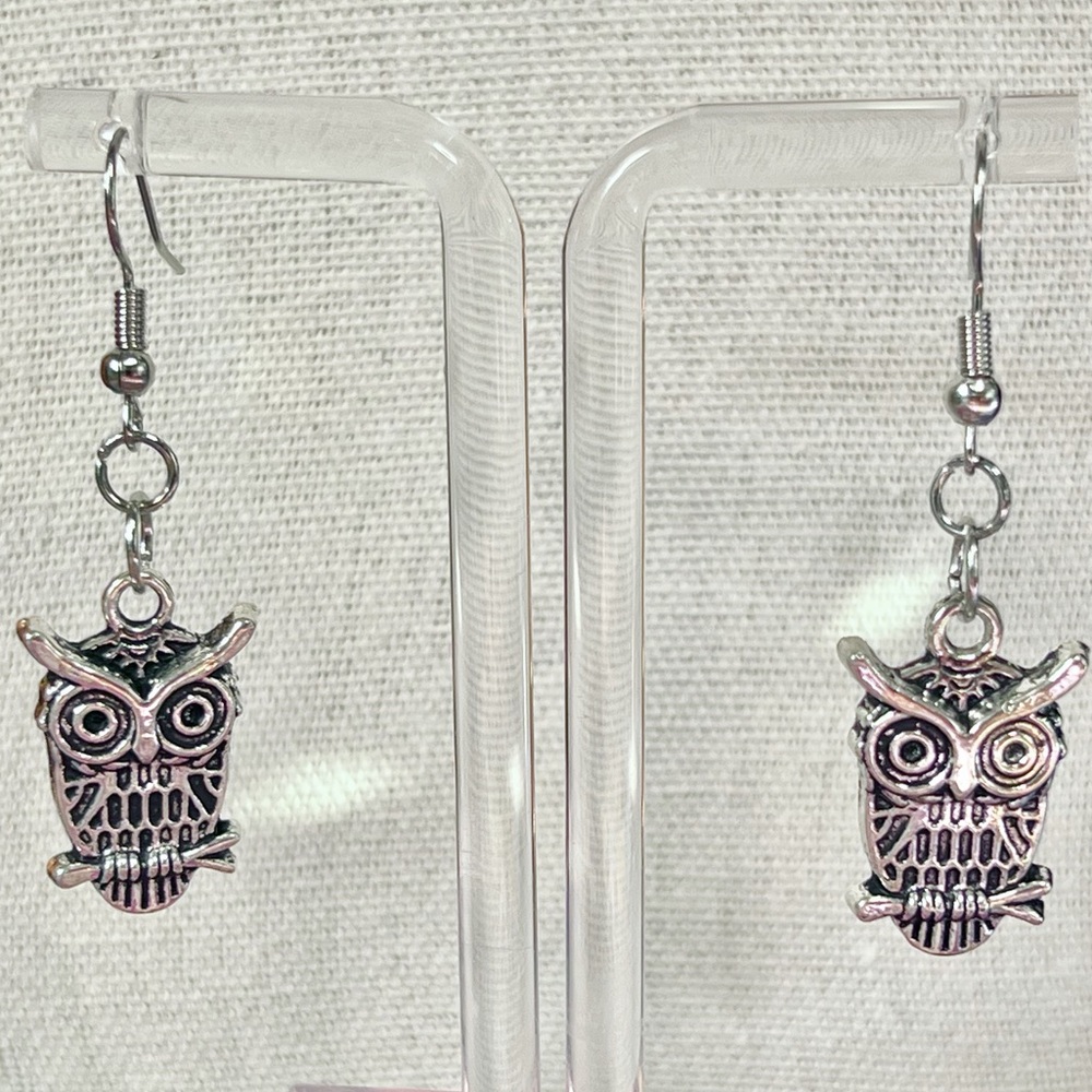 Silver Owl Drop Earrings